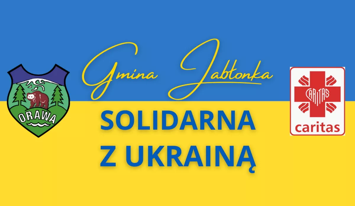 Grafika przedstawia logo Gminy Jabłonka oraz logo Caritas. Napisy: Gmina Jabłonka solidarna z Ukrainą
