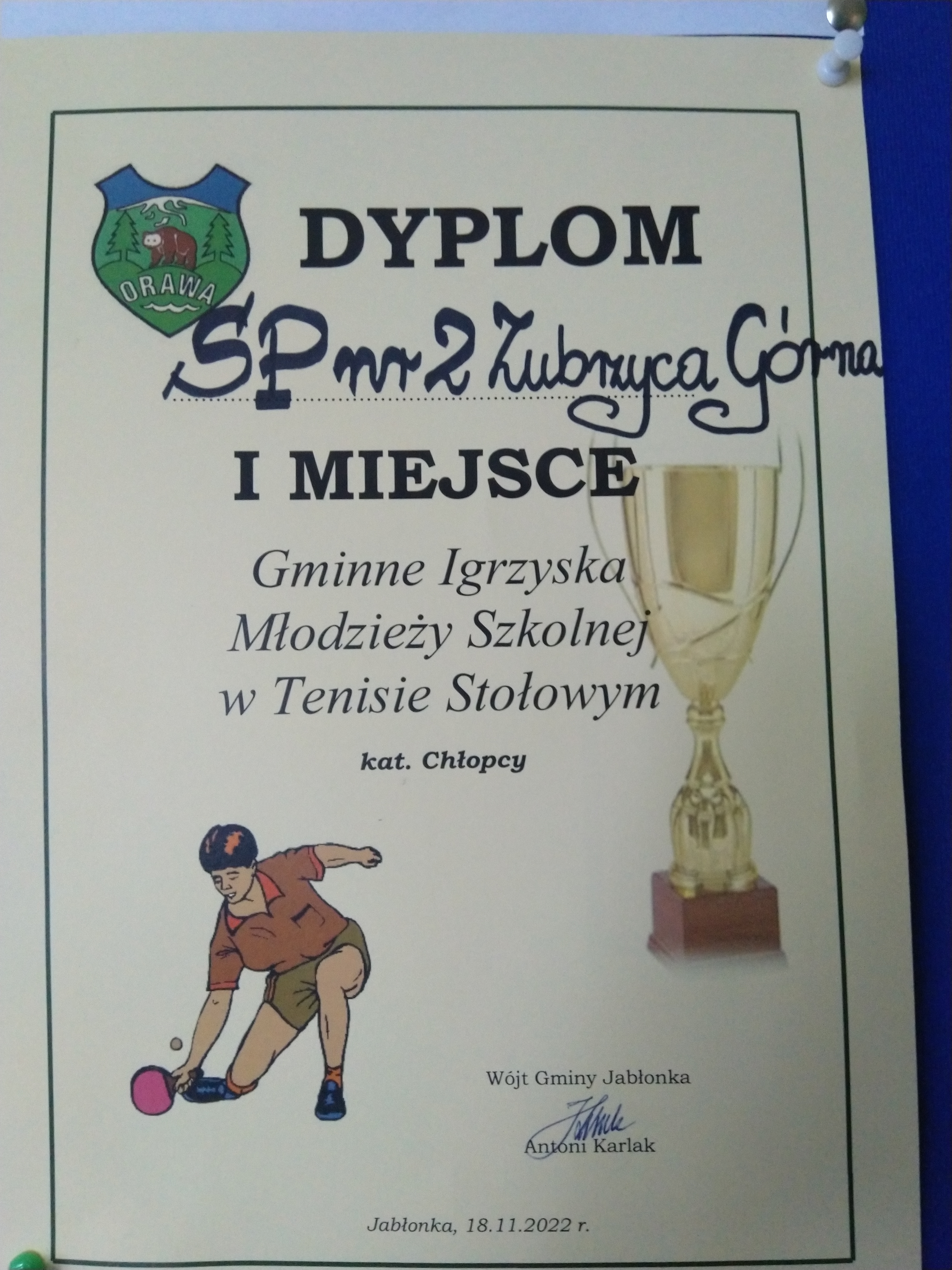 Dyplom z zawodów w tenisa stołowego